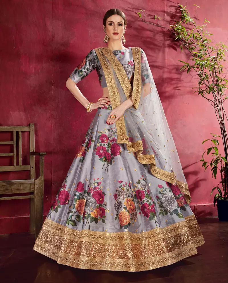 Glamorous Grey Pearl, Dori and Sequins Embroidered Art Silk Fabric Lehenga choli for Ceremonial