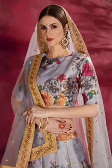 Grey Pearl Dori And Sequins Embroidered Art Silk Lehenga Choli For Ceremonial