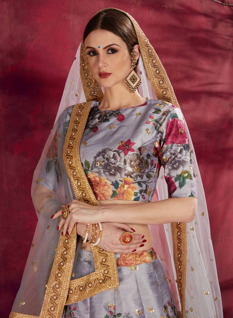 Grey Pearl Dori And Sequins Embroidered Art Silk Lehenga Choli For Ceremonial