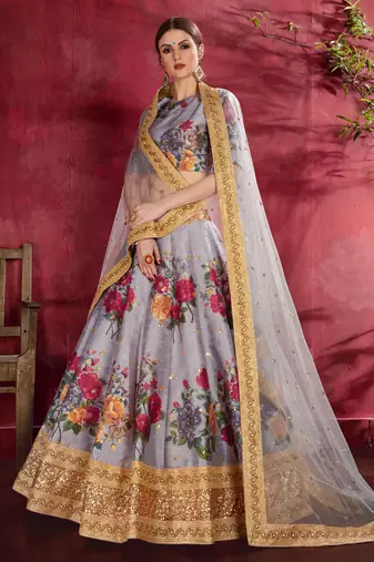Grey Pearl Dori And Sequins Embroidered Art Silk Lehenga Choli For Ceremonial