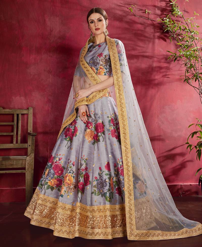 Grey Pearl Dori And Sequins Embroidered Art Silk Lehenga Choli For Ceremonial