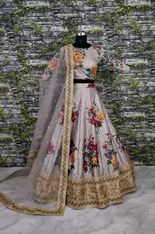 Grey Pearl Dori And Sequins Embroidered Art Silk Lehenga Choli For Ceremonial