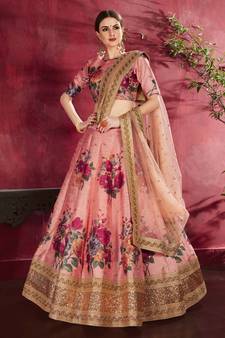 Hypnotizing Peach Pearl, Dori and Sequins Embroidered Art Silk Fabric Lehenga choli for bride
