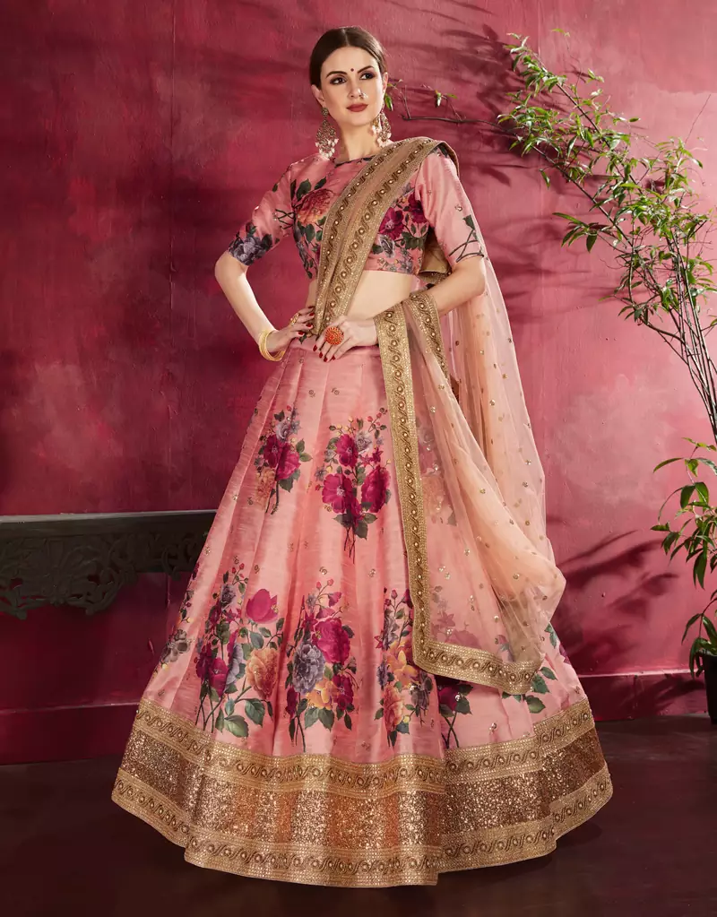 Hypnotizing Peach Pearl, Dori and Sequins Embroidered Art Silk Fabric Lehenga choli for bride