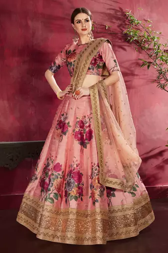 Hypnotizing Peach Pearl Dori And Sequins Embroidered Art Silk Lehenga Choli For Bride