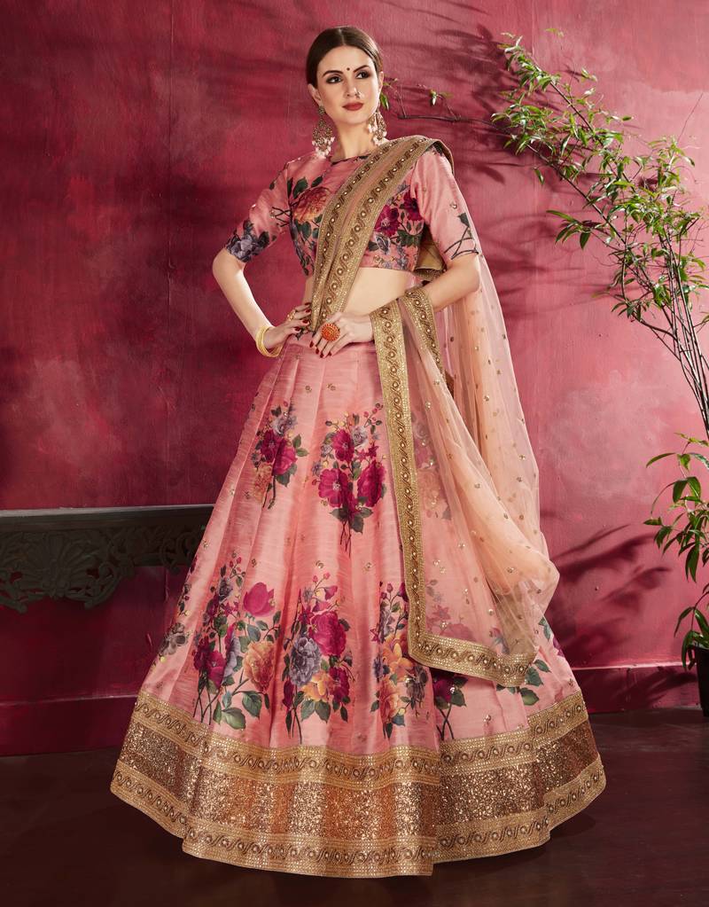 Hypnotizing Peach Pearl Dori And Sequins Embroidered Art Silk Lehenga Choli For Bride