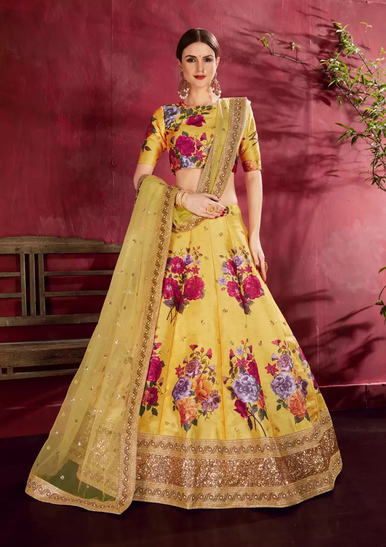 Captivating Yellow Pearl, Dori and Sequins Embroidered Art Silk Semi Stitched Party wear Lehenga choli