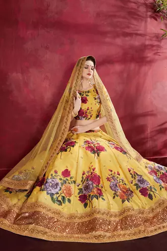Yellow Pearl Dori And Sequins Embroidered Art Silk Semi Stitched Party Wear Lehenga Choli