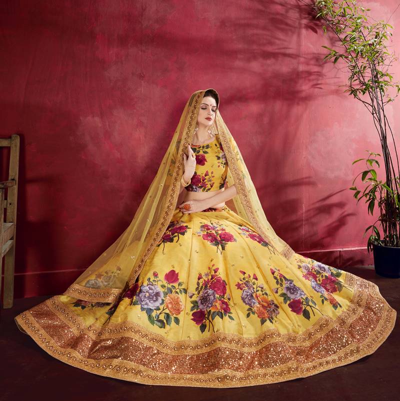Yellow Pearl Dori And Sequins Embroidered Art Silk Semi Stitched Party Wear Lehenga Choli