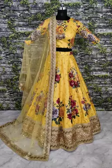 Yellow Pearl Dori And Sequins Embroidered Art Silk Semi Stitched Party Wear Lehenga Choli