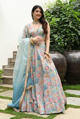Multicolor Digital Print With Hook Beads Work Muslin Silk Fabric Indian designer Lehenga dress 1