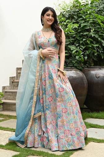 Multicolor Digital Print With Hook Beads Work Muslin Silk Fabric Indian designer Lehenga dress