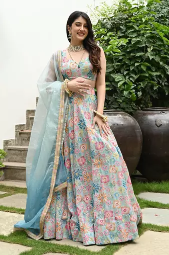 Multicolor Digital Print With Hook Beads Work Muslin Silk Fabric Indian designer Lehenga dress