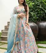 Multicolor Digital Print With Hook Beads Work Muslin Silk Fabric Indian designer Lehenga dress