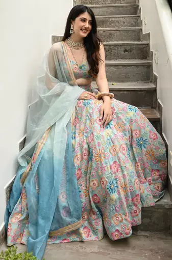 Multicolor Digital Print With Hook Beads Work Muslin Silk Fabric Indian designer Lehenga dress