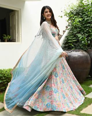 Multicolor Digital Print With Hook Beads Work Muslin Silk Fabric Indian designer Lehenga dress 3