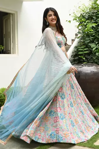 Multicolor Digital Print With Hook Beads Work Muslin Silk Fabric Indian designer Lehenga dress
