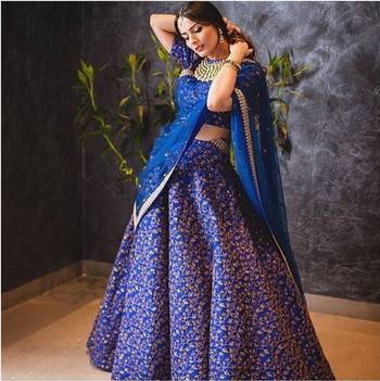 Blue Embroidered Silk Unstitched Lehenga 4