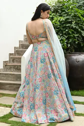 Multicolor Digital Print With Hook Beads Work Muslin Silk Fabric Indian designer Lehenga dress