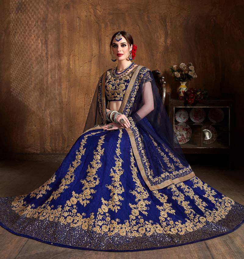Navy Blue Silk Lehenga Choli Set