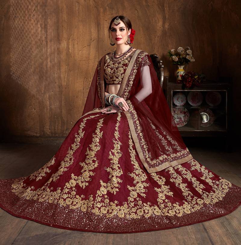 Gorgeous Maroon Dori & Sequins Embroidered Silk lehenga choli for wedding