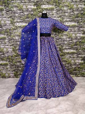 Blue Embroidered Silk Unstitched Lehenga 1