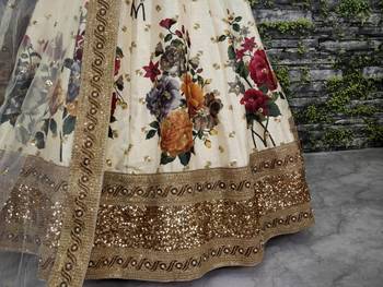 Cream Pearl, Dori and Sequins Embroidered Art Silk Semi Stitched floral lehenga 5