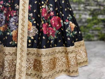 Black Pearl Dori And Sequins Embroidered Art Silk Semi Stitched Wedding Lehenga 5
