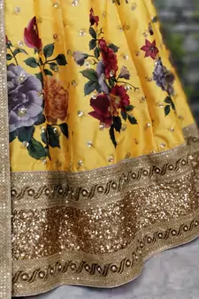 Yellow Pearl Dori And Sequins Embroidered Art Silk Semi Stitched Party Wear Lehenga Choli