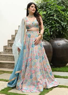 Multicolor Digital Print With Hook Beads Work Muslin Silk Fabric Indian designer Lehenga dress 5