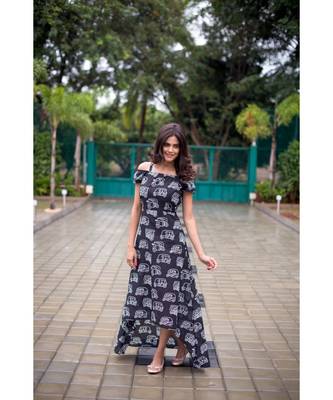 Black Cotton Print Fit and Flare Dress 1