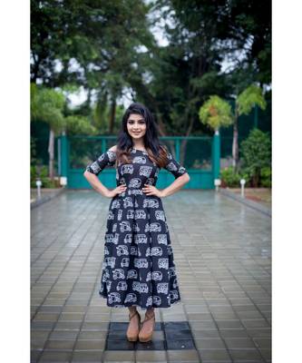 Black Cotton Print Fit and Flare Dress 1