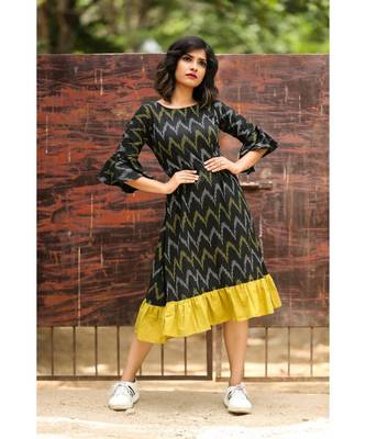 Black Ikkat Cotton Aline Dress 4