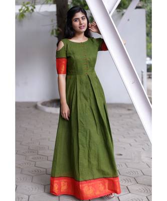 Green Cotton Fit and Flare Dress 1
