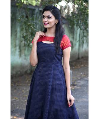 Dark Blue Cotton Fit and Flare Dress 4