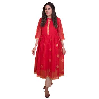Red Chanderi Work Floral Work Kurta 4