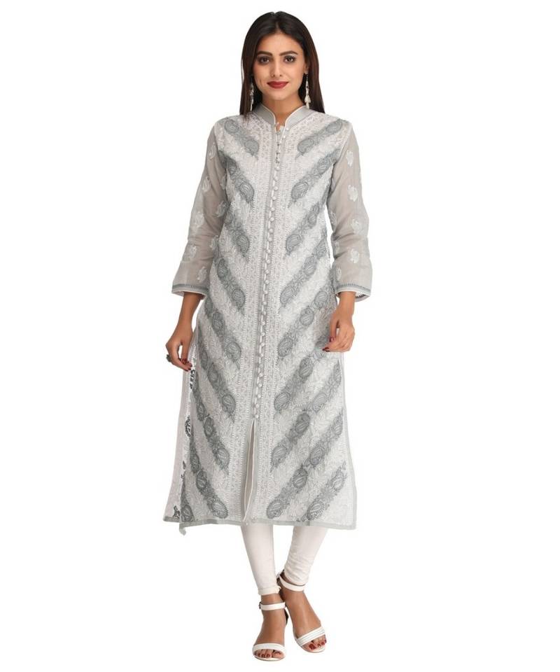 Ada Hand Embroidered Grey Cotton Lucknow Chikan Kurti