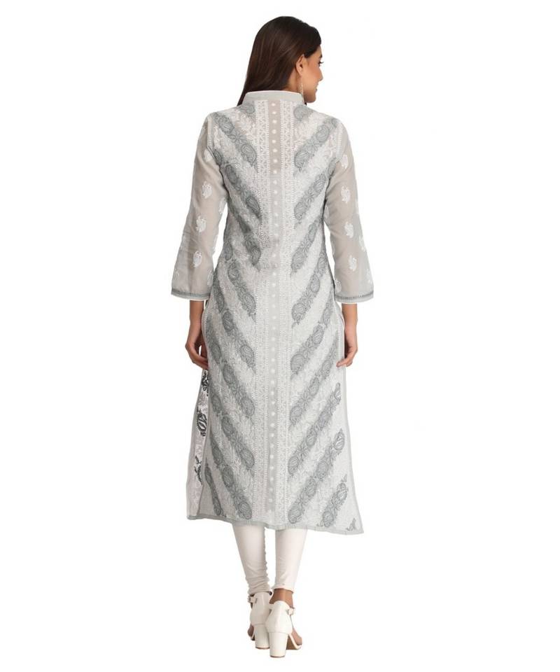 Ada Hand Embroidered Grey Cotton Lucknow Chikan Kurti