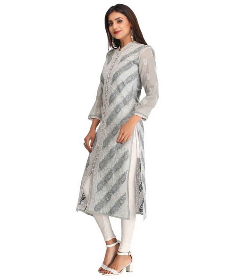 Ada Hand Embroidered Grey Cotton Lucknow Chikan Kurti