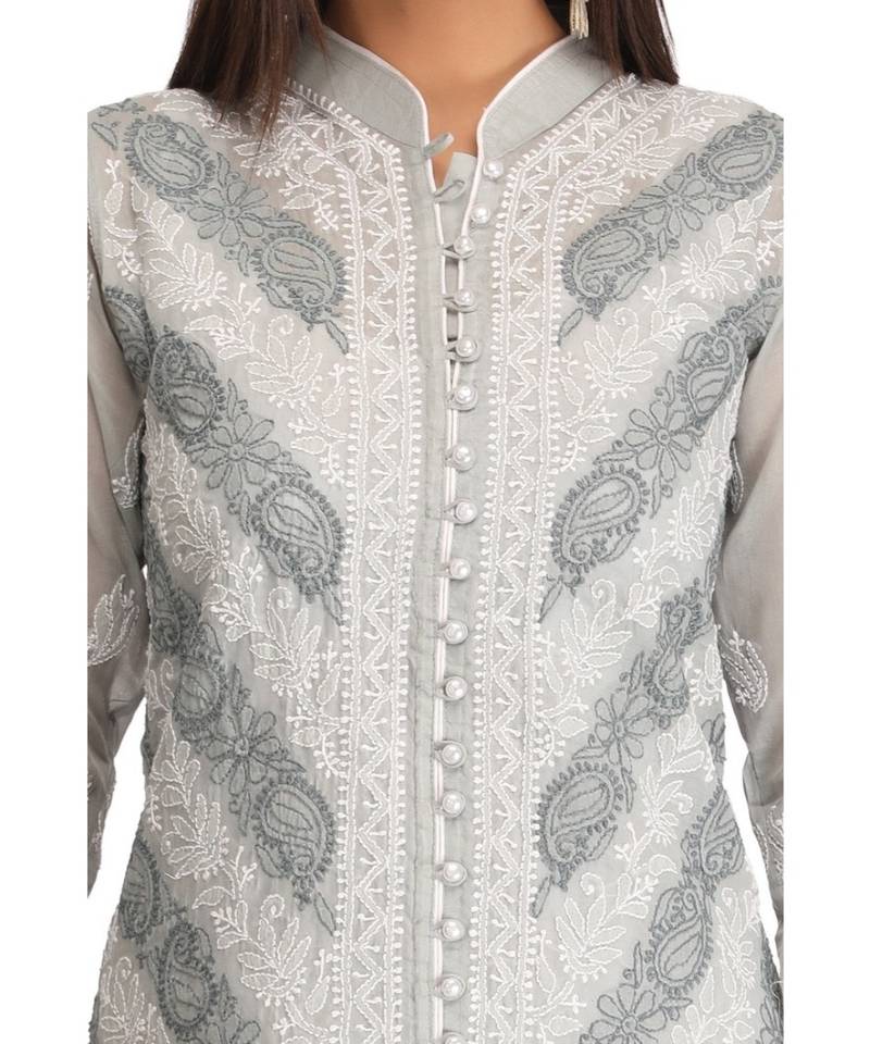 Ada Hand Embroidered Grey Cotton Lucknow Chikan Kurti
