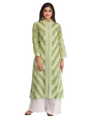 Ada Hand Embroidered Green Cotton Lucknow Chikankari Kurti 2