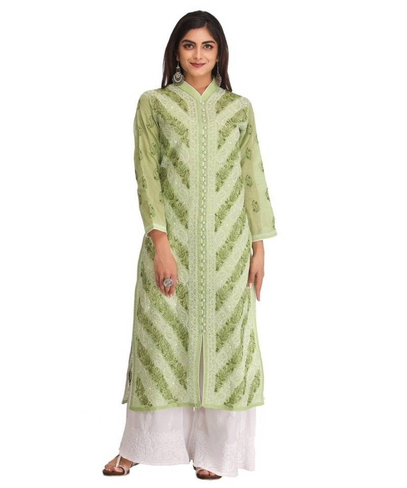 Ada Hand Embroidered Green Cotton Lucknow Chikankari Kurti