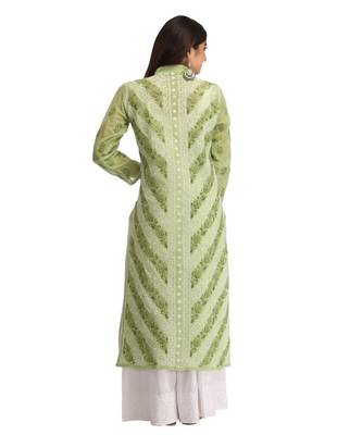 Ada Hand Embroidered Green Cotton Lucknow Chikankari Kurti 3