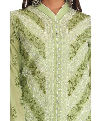 Ada Hand Embroidered Green Cotton Lucknow Chikankari Kurti 5