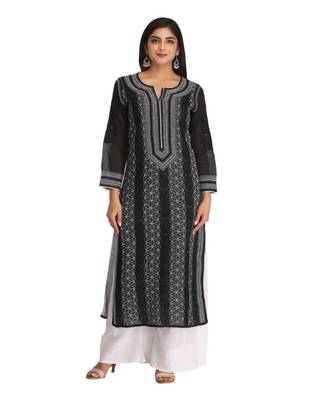 Ada Hand Embroidered Black Cotton Lucknow Chikankari Kurti 1
