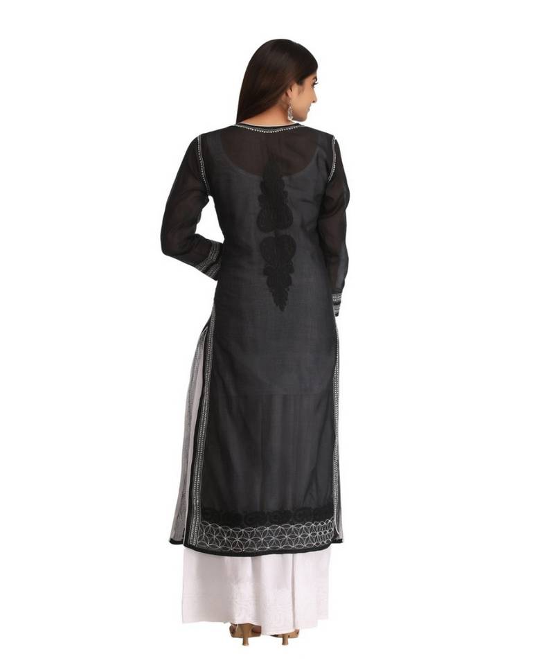 Ada Hand Embroidered Black Cotton Lucknow Chikankari Kurti