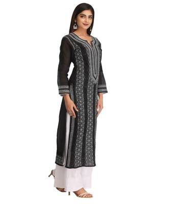Ada Hand Embroidered Black Cotton Lucknow Chikankari Kurti 3