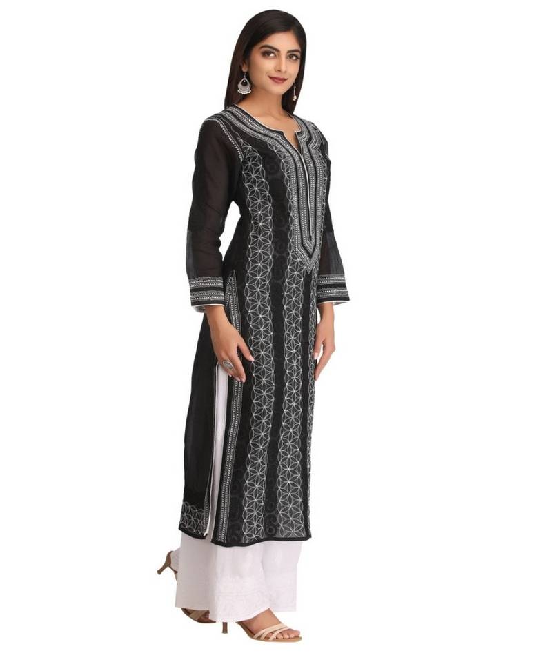 Ada Hand Embroidered Black Cotton Lucknow Chikankari Kurti