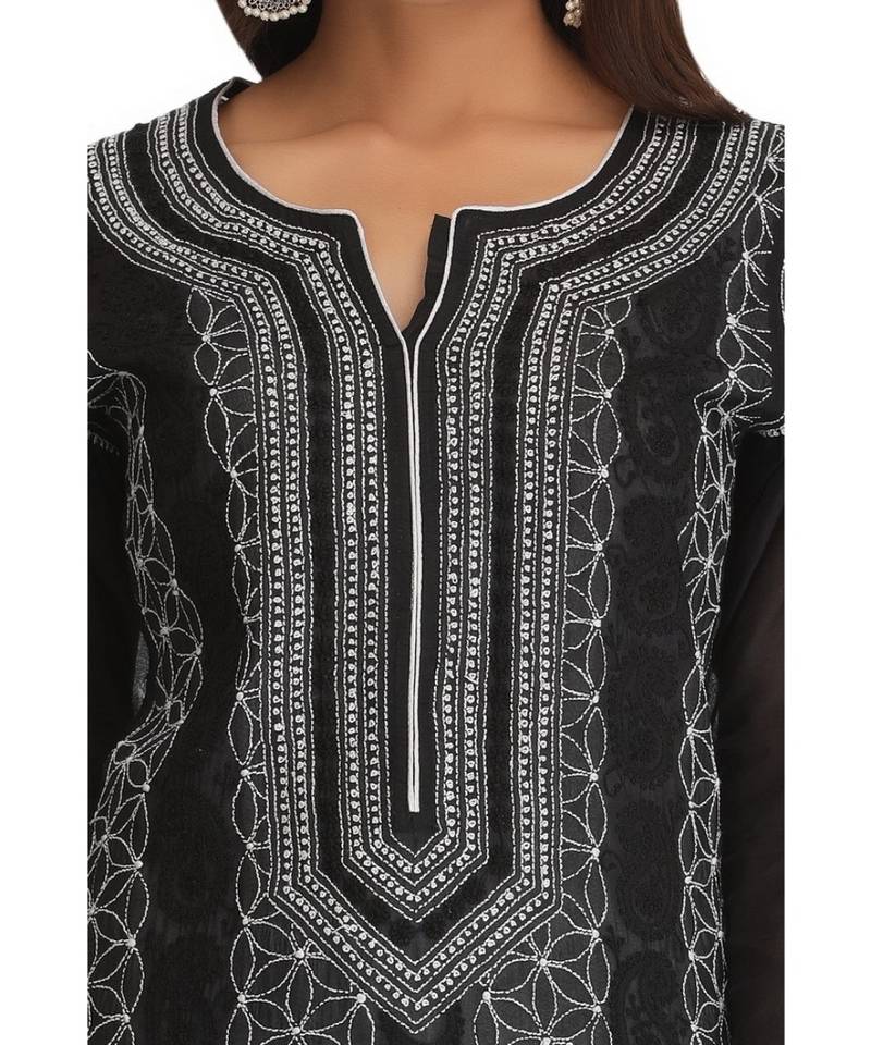 Ada Hand Embroidered Black Cotton Lucknow Chikankari Kurti