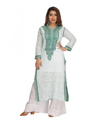 Ada Hand Embroidered Sea Green Faux Georgette Lucknow Chikan Kurti 1